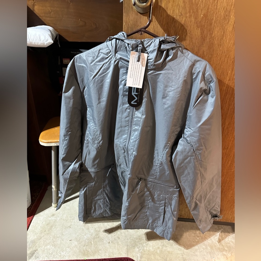 Blueish grayish light weight rain jacket